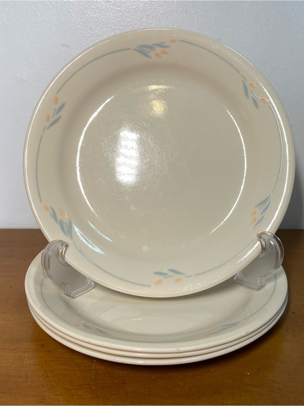 Corelle Windflower Bread Dessert Plates 7.25” Peach Pink Tulip Blue Vintage Set